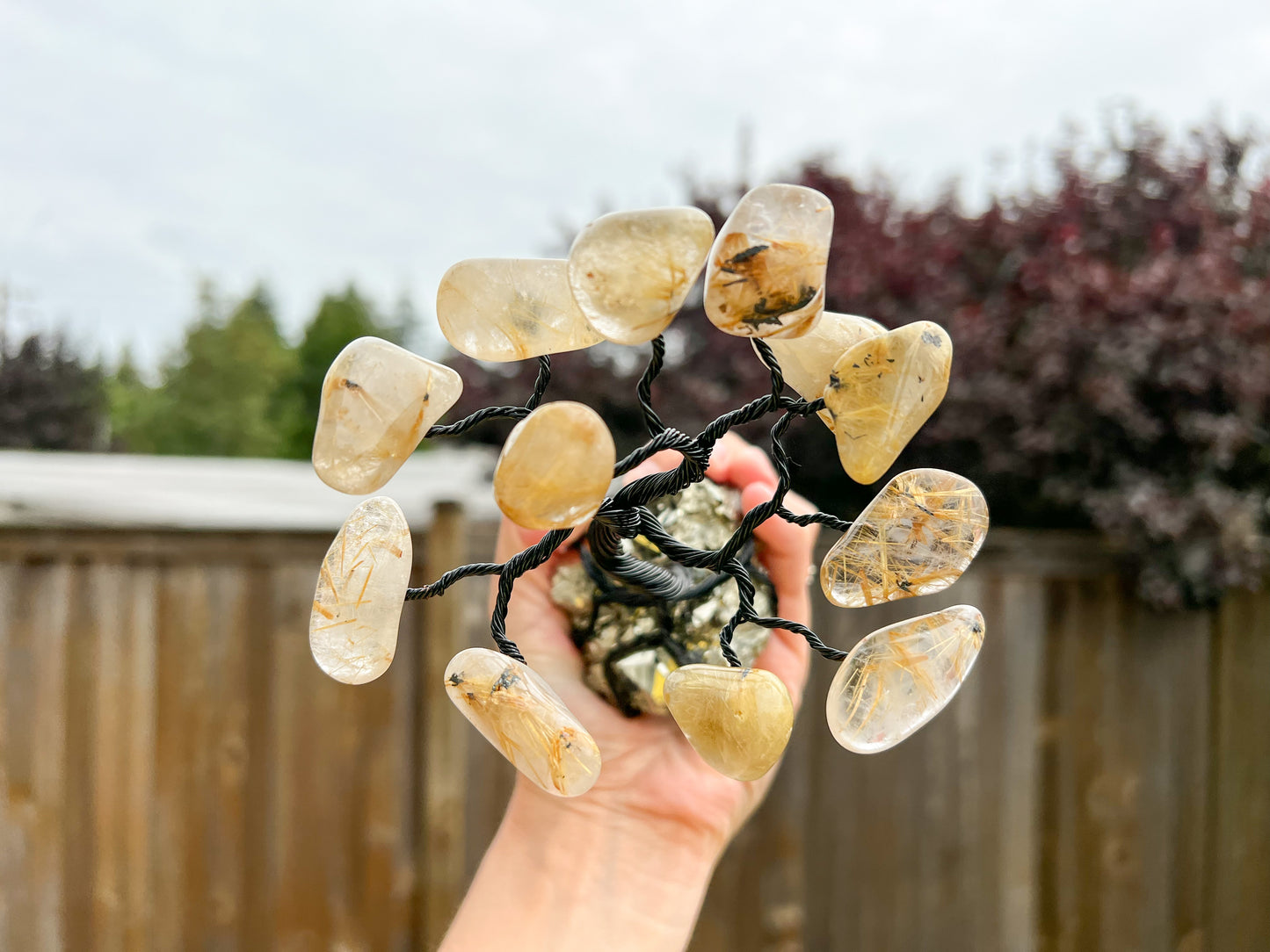 Pyrite and Rutilated Quartz Crystal Tree